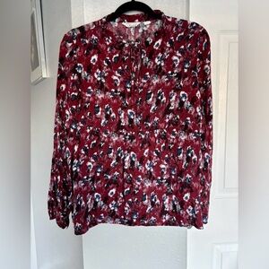 Women's Red Floral Tie-Neck Blouse Size L